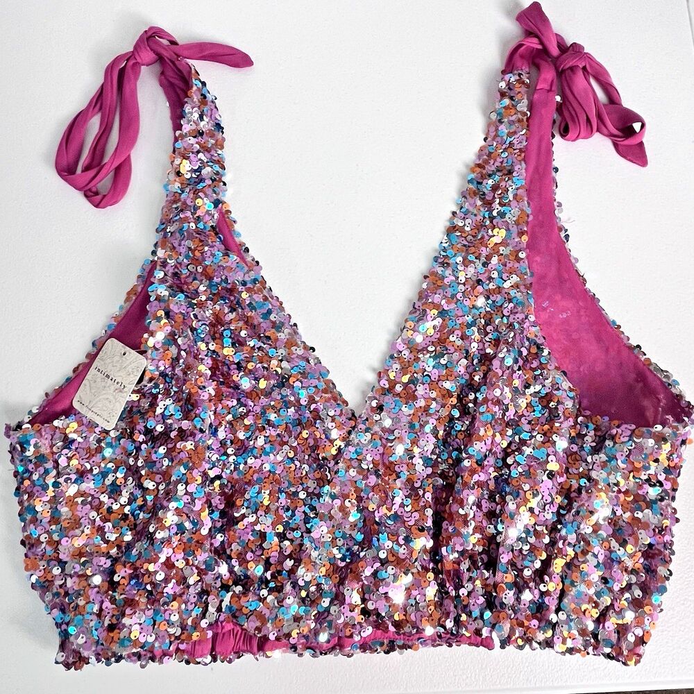 Intimately Free People NWT Size L Pink Sequin Halter Crop Top Festival Party